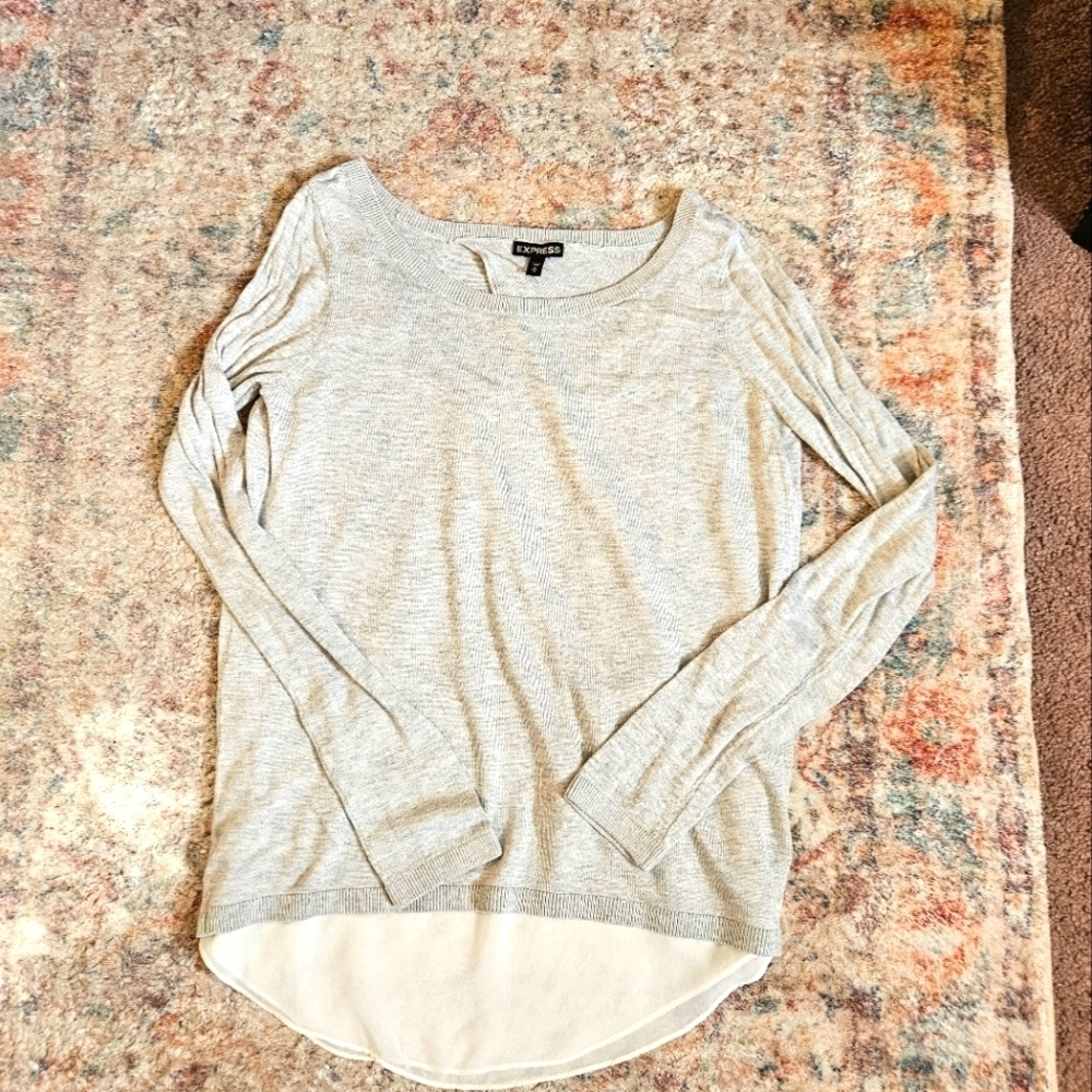 Express Light Gray Long Sleeve Top with white under layer. Open back. Size M